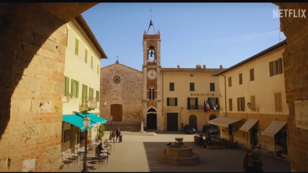 La Dolce Villa Filming in Chiesa di San Francesco, San Quirico d'Orcia, Italy