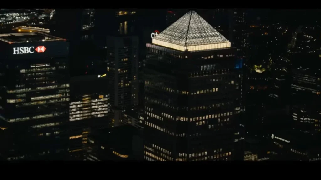 The Monkey Filming around One Canada Square and HSBC building , London